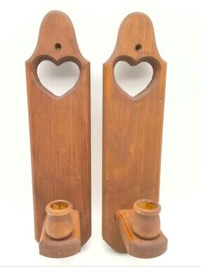 Pair of Vintage Wooden Heart Wall Sconces/Taper Candle Holders, Country Cottage